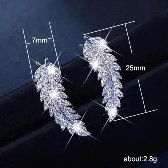 New Silver Leaf Stud Zircon Earrings - Picture 5 of 5